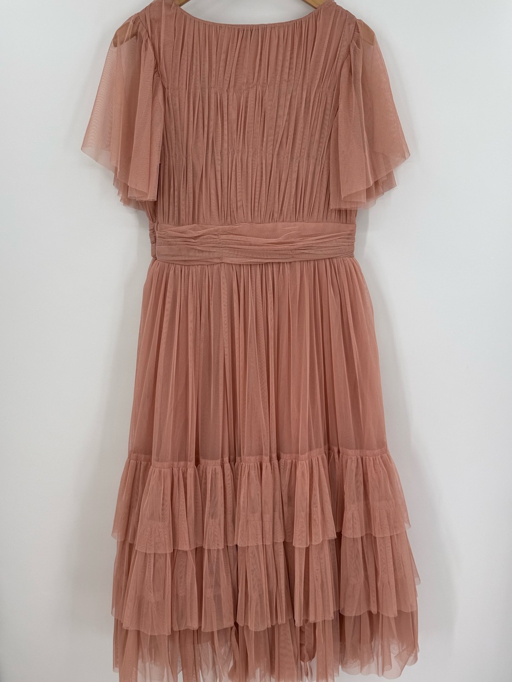 Lace & Beads Madison V Neck Tulle Flutter Sleeve Tiered Midi Dress | Blush | 16 - Picture 4 of 9